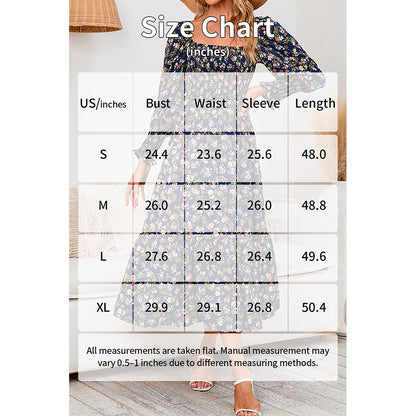 Attraco Women Square Neck Smocked Long Sleeve Tiered Midi Floral Print Dress