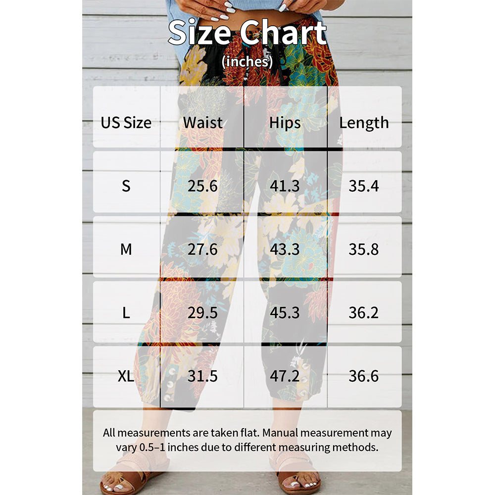 Attraco Women High Waist Drawstring Cropped Jogger Pants Vintage Floral Print Side Pocket Casual Trousers