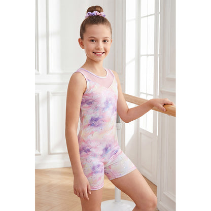 Charmo Girls' Mesh Panel Printed Bike Short Gymnastics Biketard Leotard Activewear Dancewear