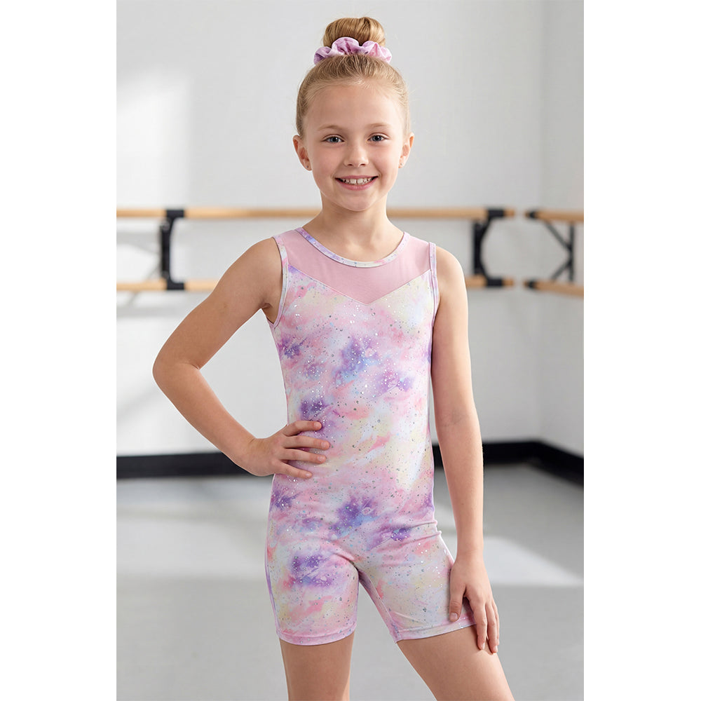 Charmo Girls' Mesh Panel Printed Bike Short Gymnastics Biketard Leotard Activewear Dancewear