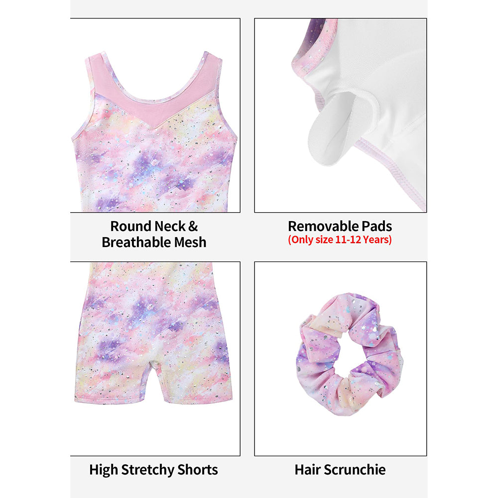 Charmo Girls' Mesh Panel Printed Bike Short Gymnastics Biketard Leotard Activewear Dancewear