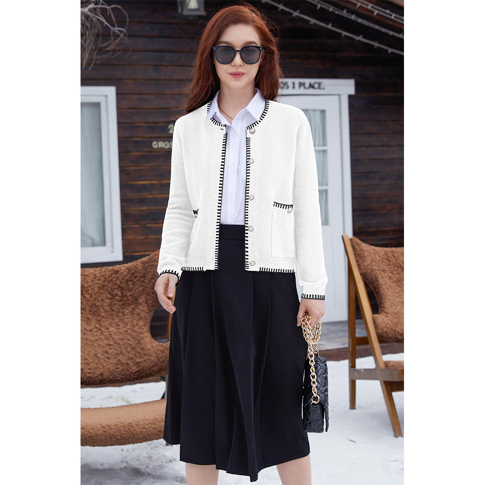 V For City Women's Tweed Jacket Cardigan Blazers Round Neck Long Sleeve Button Down Sweater Coat with Pockets