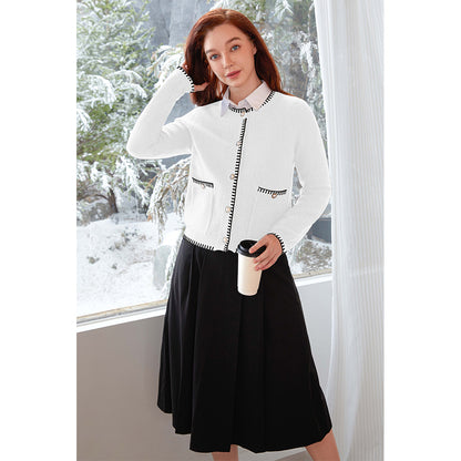 V For City Women's Tweed Jacket Cardigan Blazers Round Neck Long Sleeve Button Down Sweater Coat with Pockets