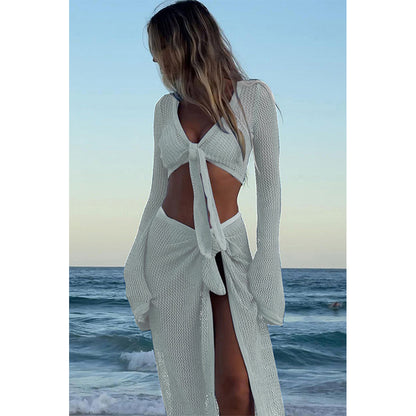 Charmo Women's Crochet Knit Tie Front Cropped Top and Wrap Skirt Set Two Piece Beach Cover Up Set