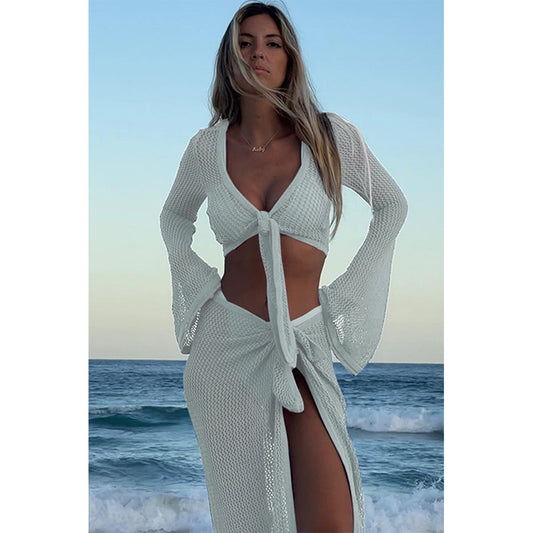 Charmo Women's Crochet Knit Tie Front Cropped Top and Wrap Skirt Set Two Piece Beach Cover Up Set