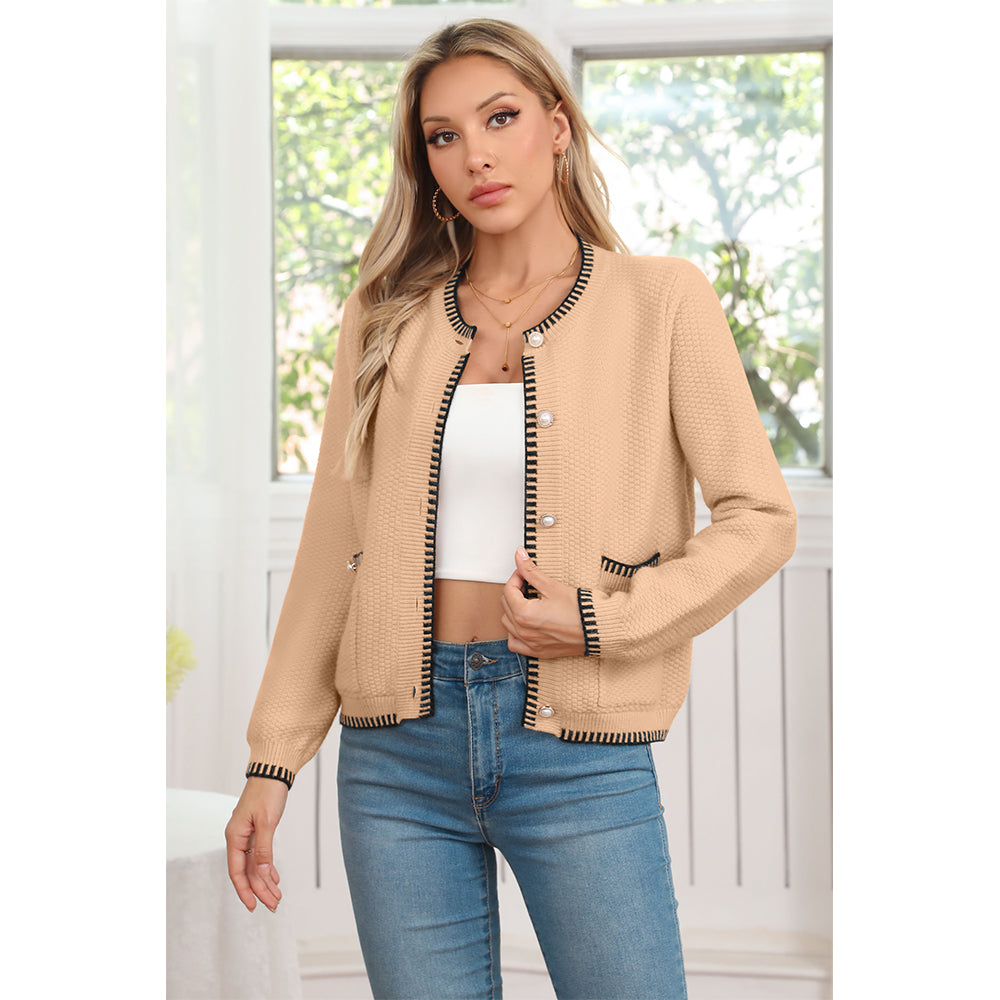 V For City Women's Tweed Jacket Cardigan Blazers Round Neck Long Sleeve Button Down Sweater Coat with Pockets