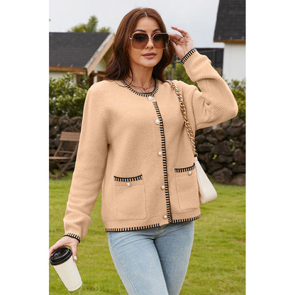 V For City Women's Tweed Jacket Cardigan Blazers Round Neck Long Sleeve Button Down Sweater Coat with Pockets