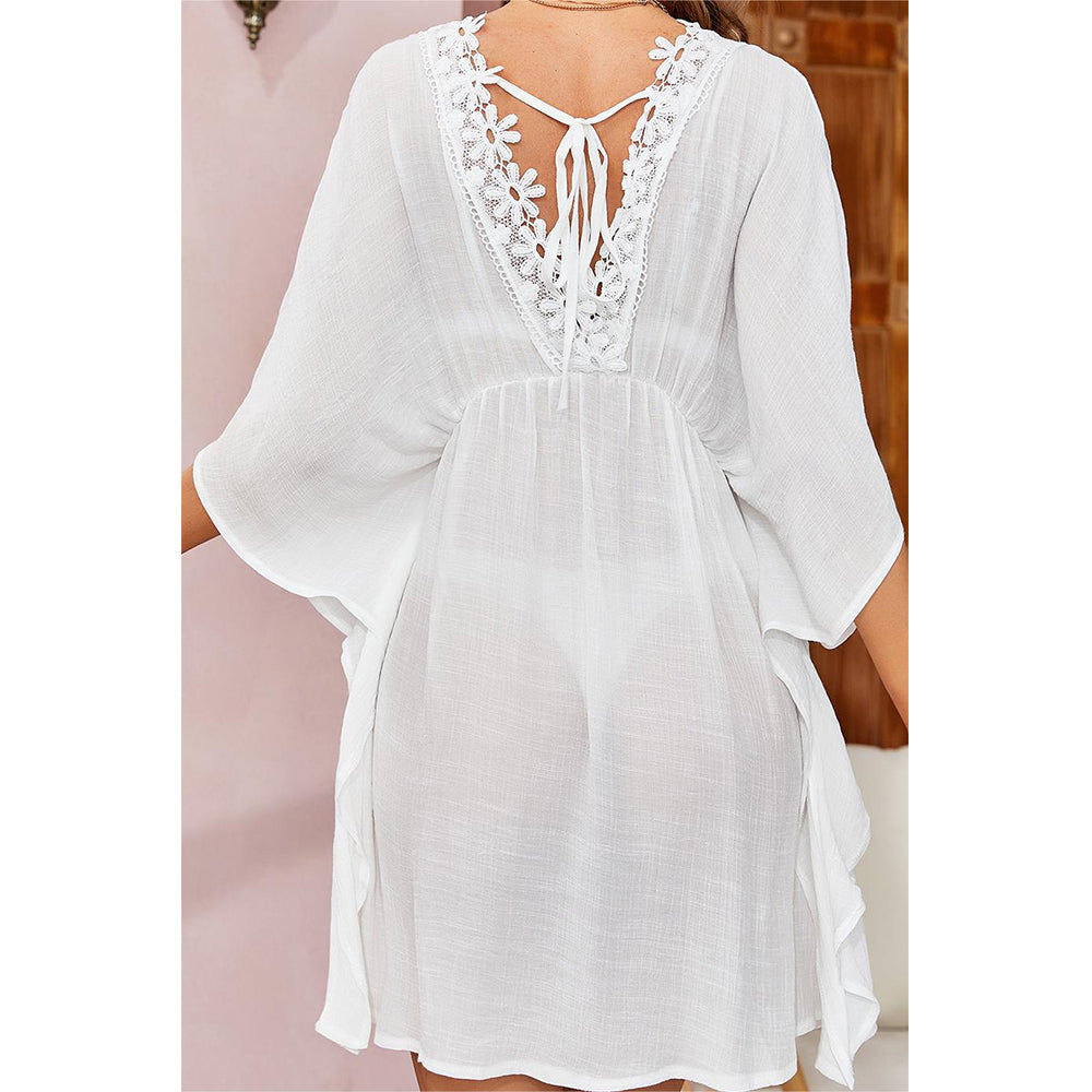 Charmo Women's Batwing Sleeve Lace Trim V Neck Back Tie Cover Ups For Summer Wear