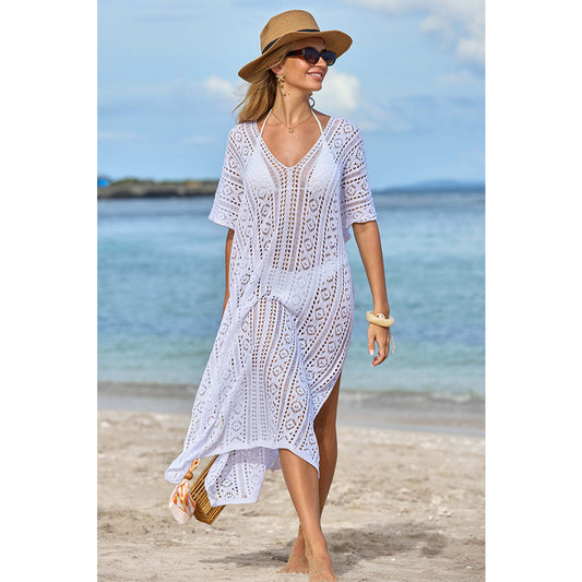 Charmo Women's Crochet Hollow Out V Neck Batwing Sleeves & High Side Slits Cover Ups