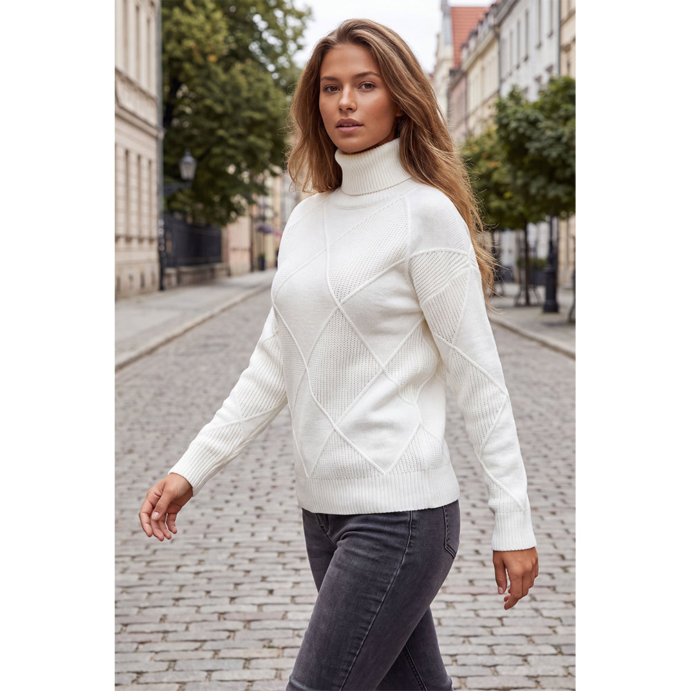Attraco Women's Turtleneck Diamond Knit Sweater Long Sleeve Ribbed Pullover Cozy Winter Sweater