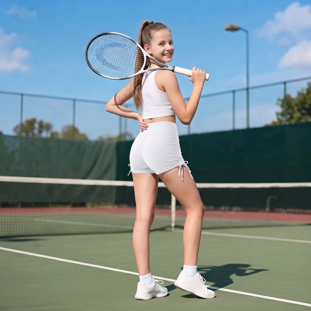 Attraco Girls High Waisted Ruched Biker Shorts with Side Tie, Stretch Athletic Workout Yoga Shorts for Kids