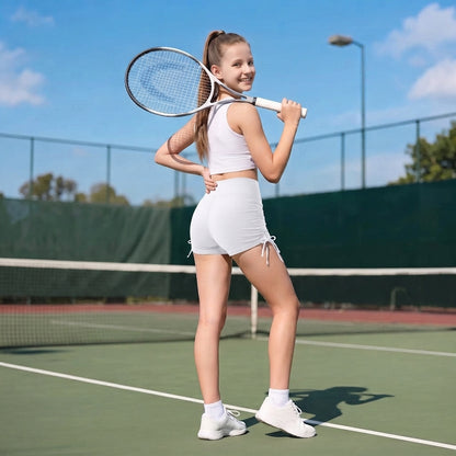 Attraco Girls High Waisted Ruched Biker Shorts with Side Tie, Stretch Athletic Workout Yoga Shorts for Kids