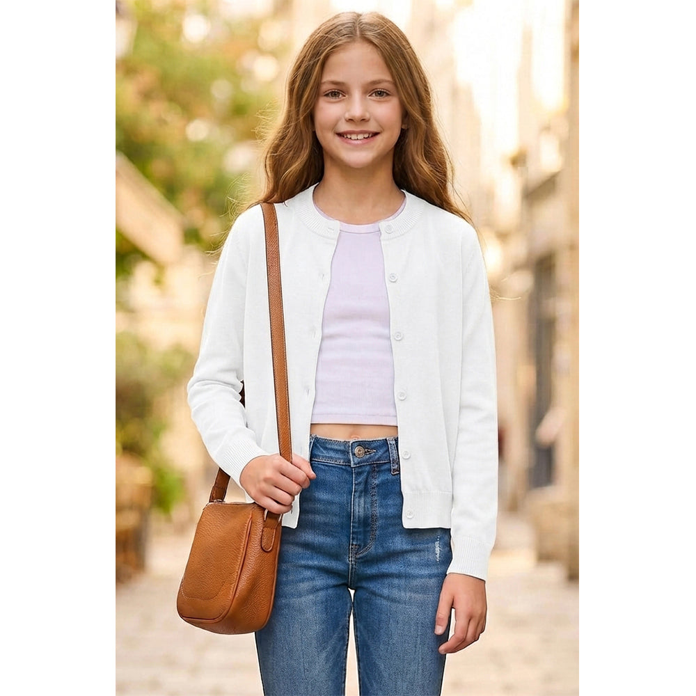Attraco Kids Girls 100% Cotton Button-Up Knit Cardigan Sweater, Long Sleeve Crewneck School Uniform for Boys & Girls 5-12Years