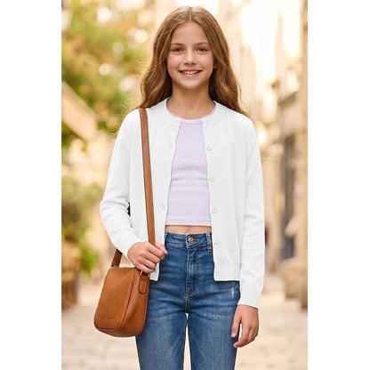 Attraco Kids Girls 100% Cotton Button-Up Knit Cardigan Sweater, Long Sleeve Crewneck School Uniform for Boys & Girls 5-12Years