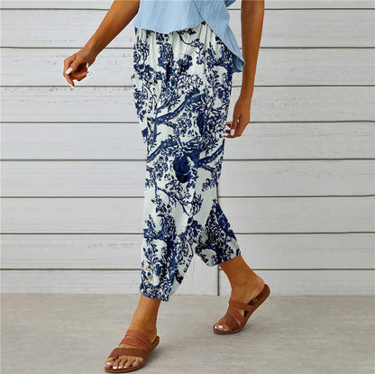 Attraco Women High Waist Drawstring Cropped Jogger Pants Vintage Floral Print Side Pocket Casual Trousers