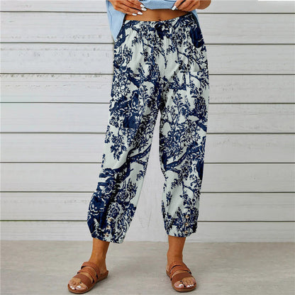 Attraco Women High Waist Drawstring Cropped Jogger Pants Vintage Floral Print Side Pocket Casual Trousers