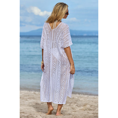 Charmo Women's Crochet Hollow Out V Neck Batwing Sleeves & High Side Slits Cover Ups