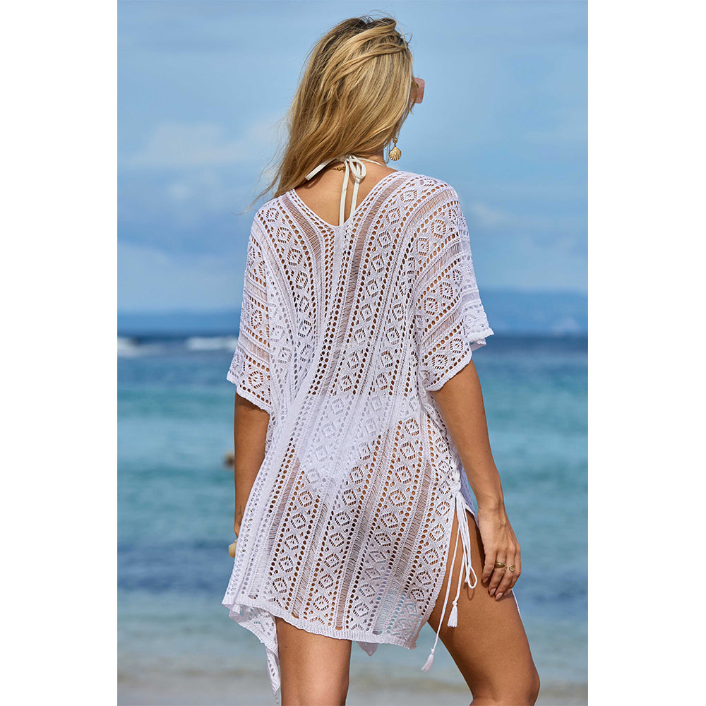 Charmo Women's Crochet Hollow Out Batwing Sleeves Cover Ups with Adjustable Side Slit Drawstrings Beach Wear
