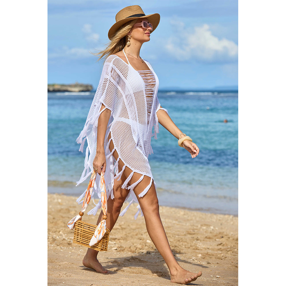 Charmo Women's Open Knit Fringe Cover Up with Sheer Design & Tassel Details Beach Swimwear