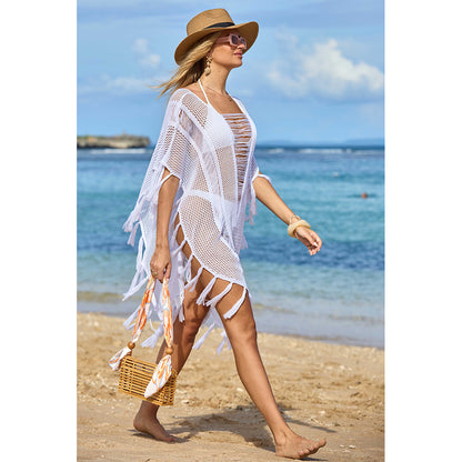 Charmo Women's Open Knit Fringe Cover Up with Sheer Design & Tassel Details Beach Swimwear