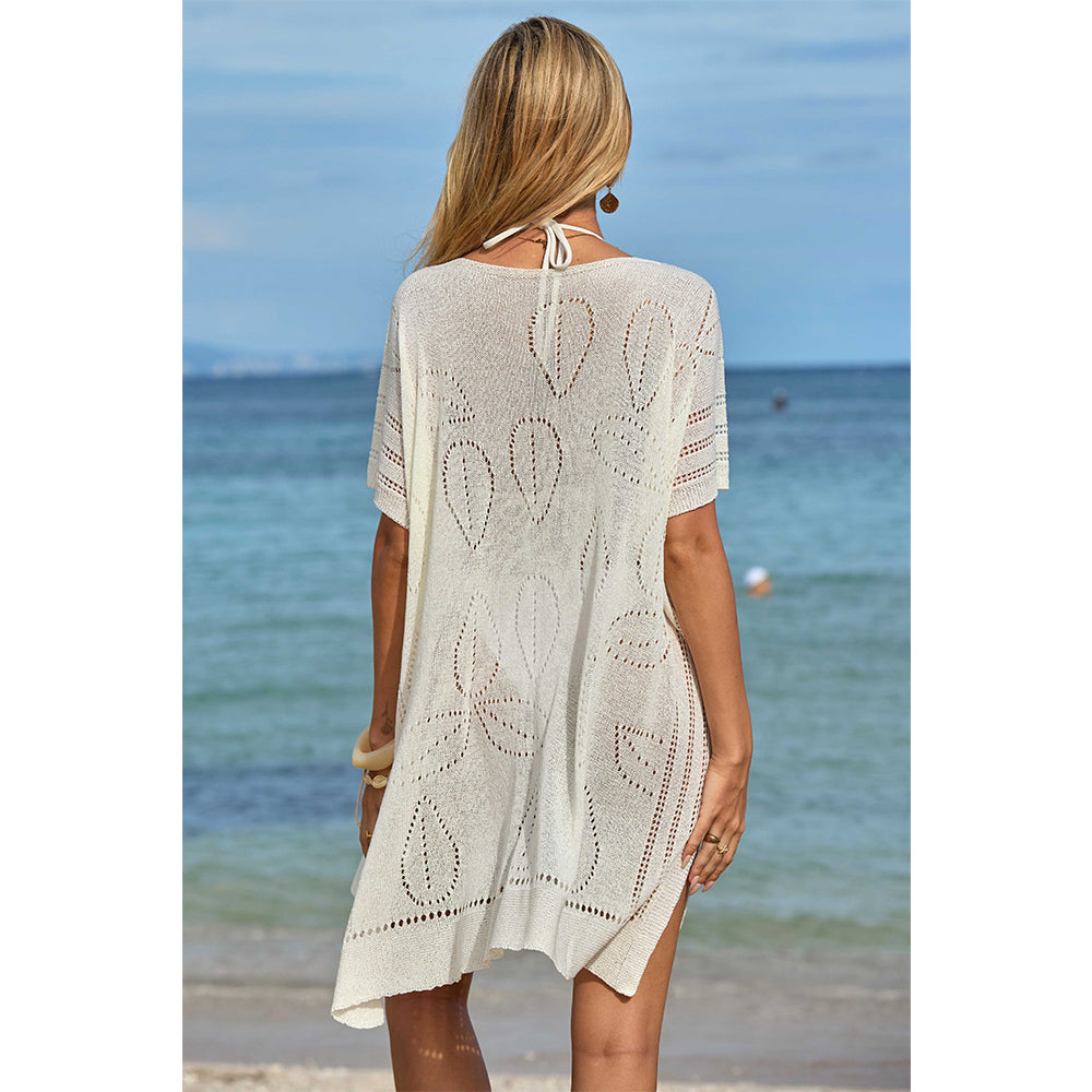 Charmo Women's Open Knit Leaf Pattern  Lace-Up Front & Side Slits Cover Ups