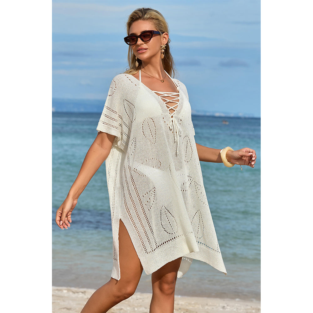 Charmo Women's Open Knit Leaf Pattern  Lace-Up Front & Side Slits Cover Ups