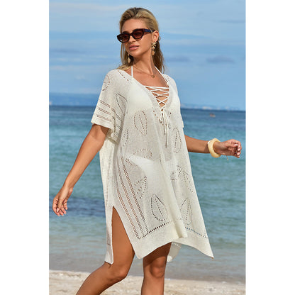 Charmo Women's Open Knit Leaf Pattern  Lace-Up Front & Side Slits Cover Ups