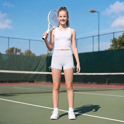 Attraco Girls High Waisted Ruched Biker Shorts with Side Tie, Stretch Athletic Workout Yoga Shorts for Kids