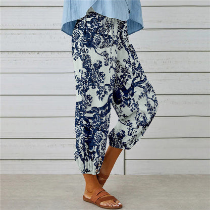 Attraco Women High Waist Drawstring Cropped Jogger Pants Vintage Floral Print Side Pocket Casual Trousers