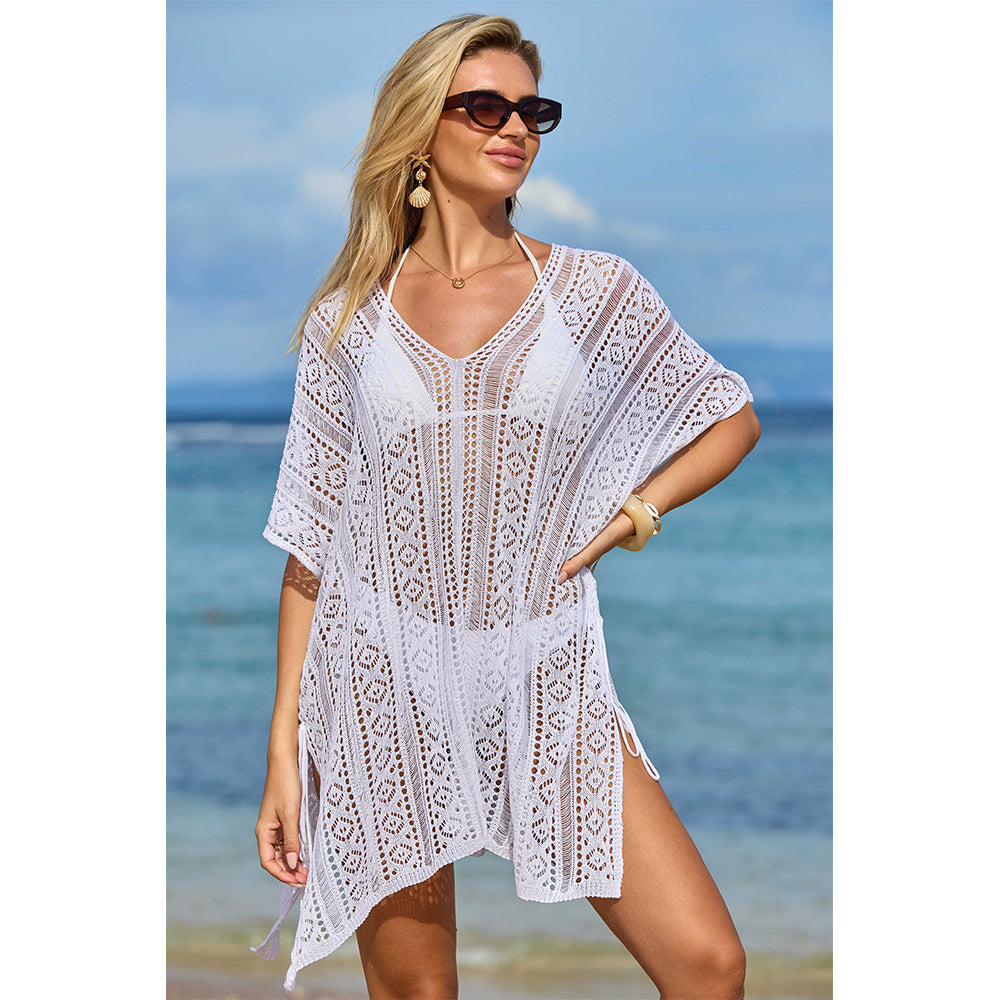 Charmo Women's Crochet Hollow Out Batwing Sleeves Cover Ups with Adjustable Side Slit Drawstrings Beach Wear