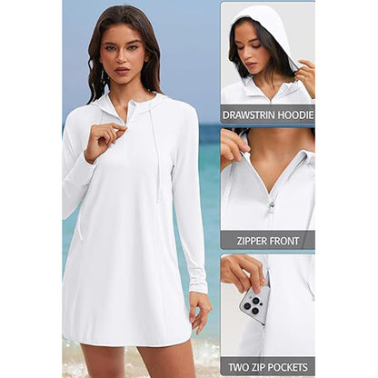 Attraco Women's Long Sleeve Rash Guard Hoodie Swim Shirts Quarter Zip Swimsuits Shirts