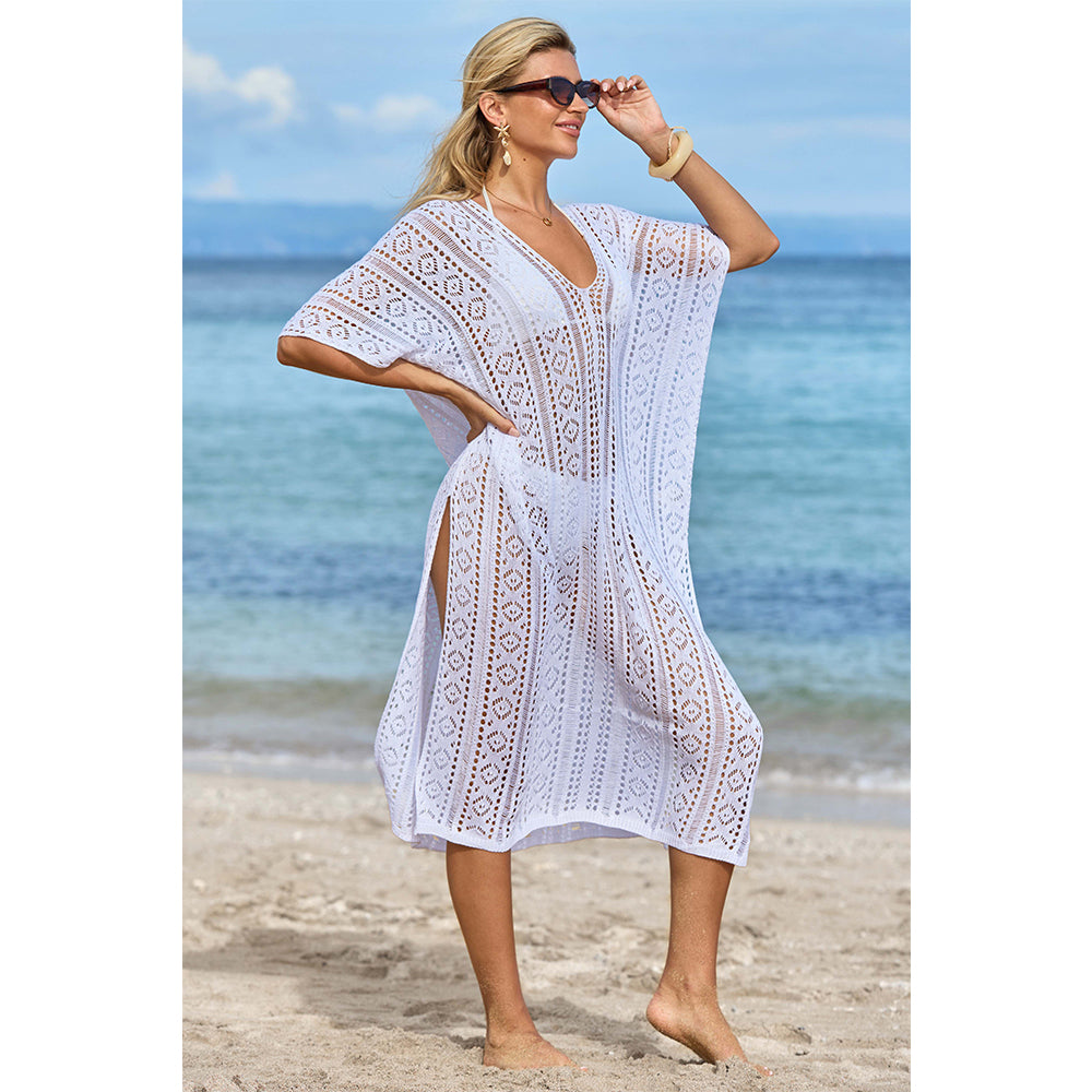 Charmo Women's Crochet Hollow Out V Neck Batwing Sleeves & High Side Slits Cover Ups