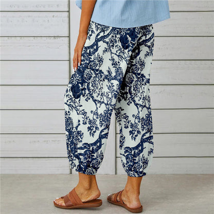 Attraco Women High Waist Drawstring Cropped Jogger Pants Vintage Floral Print Side Pocket Casual Trousers
