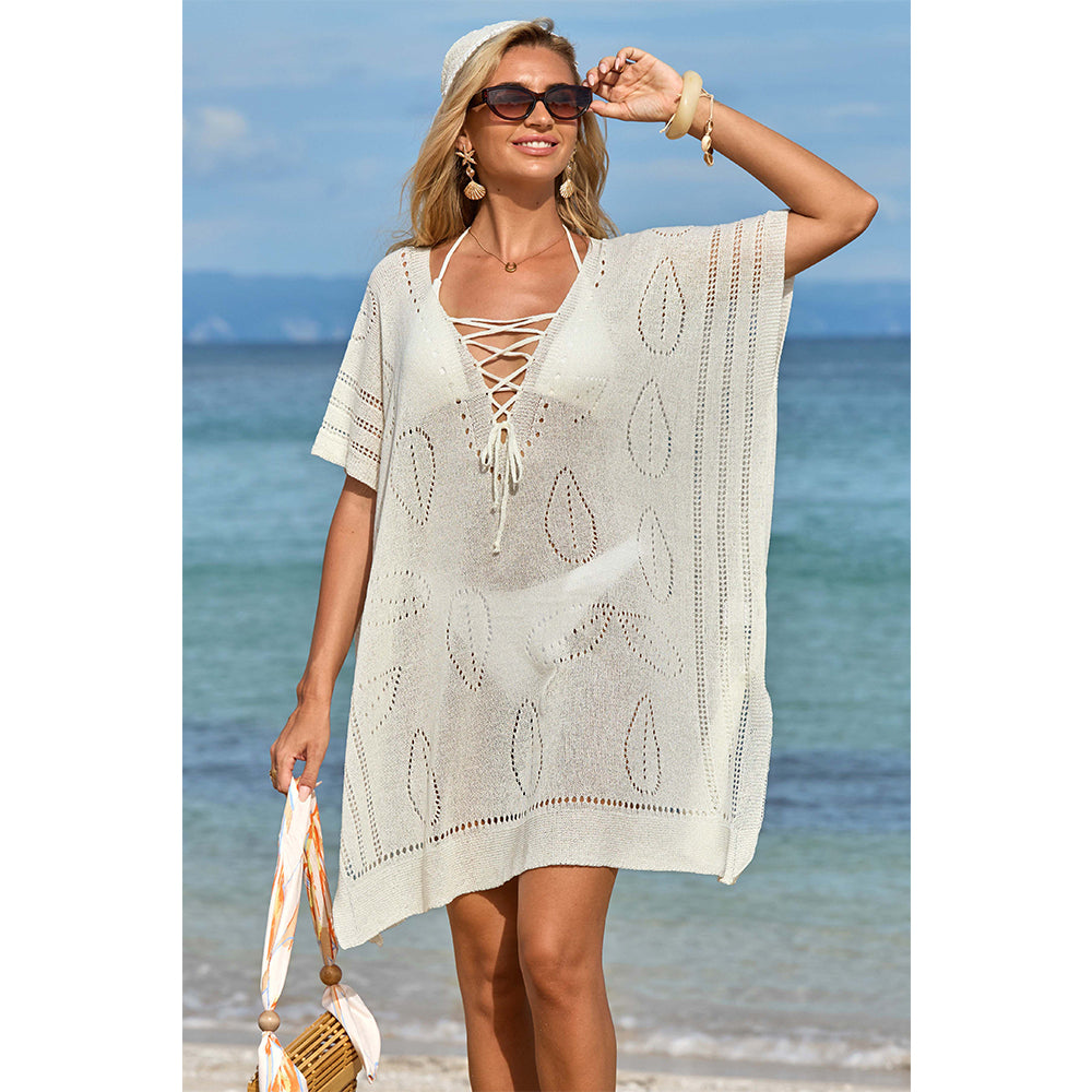 Charmo Women's Open Knit Leaf Pattern  Lace-Up Front & Side Slits Cover Ups