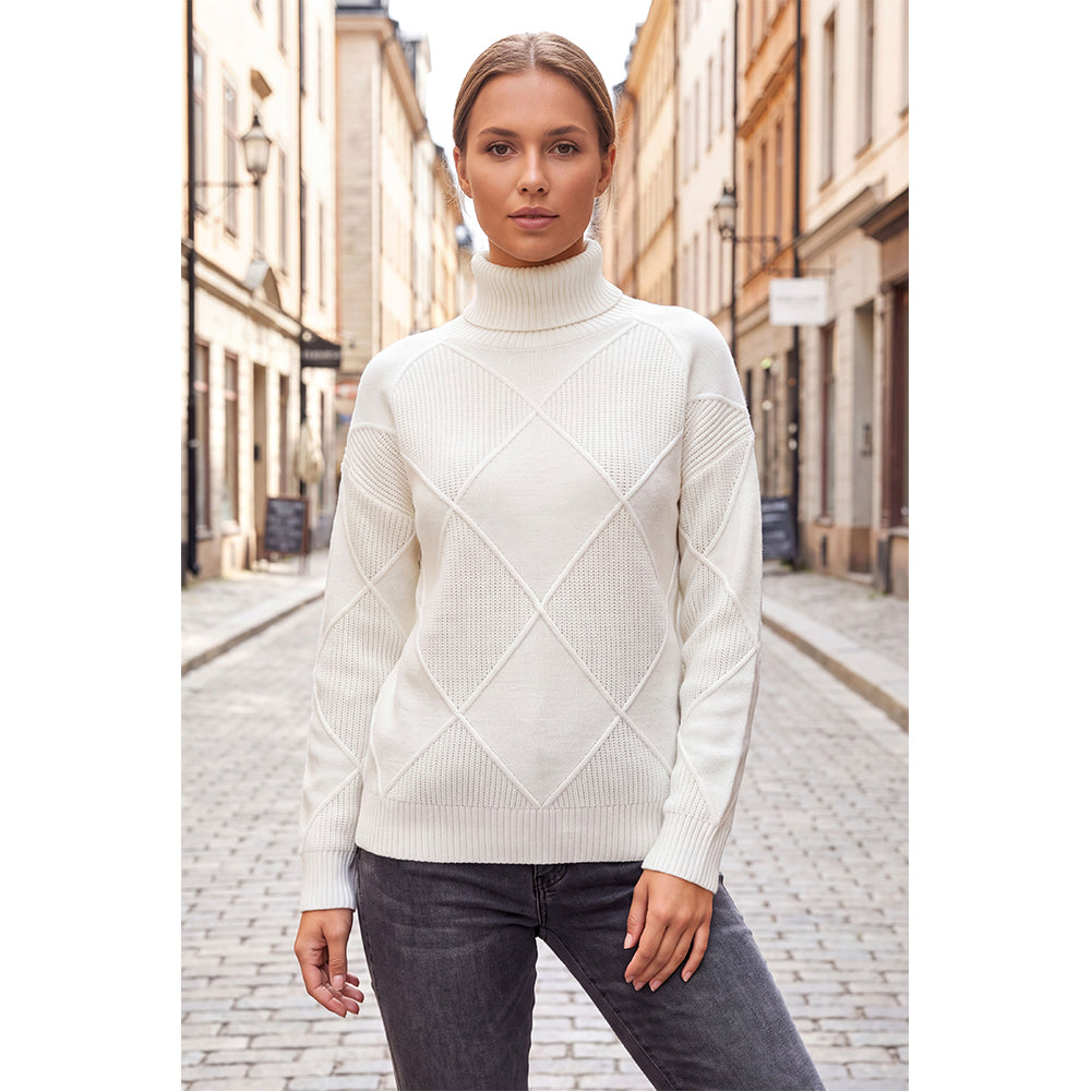 Attraco Women's Turtleneck Diamond Knit Sweater Long Sleeve Ribbed Pullover Cozy Winter Sweater