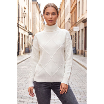 Attraco Women's Turtleneck Diamond Knit Sweater Long Sleeve Ribbed Pullover Cozy Winter Sweater
