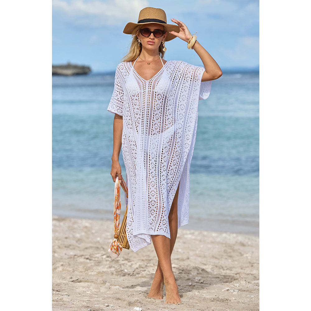 Charmo Women's Crochet Hollow Out V Neck Batwing Sleeves & High Side Slits Cover Ups