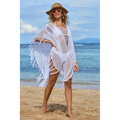 Charmo Women's Open Knit Fringe Cover Up with Sheer Design & Tassel Details Beach Swimwear
