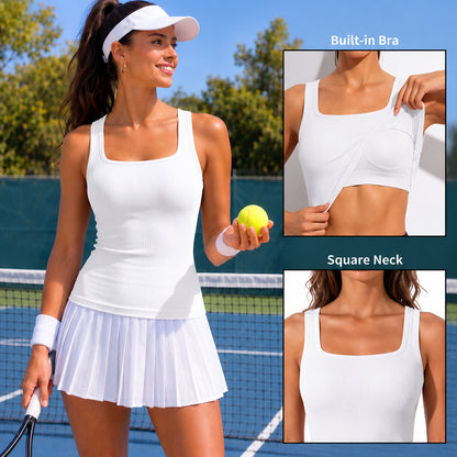 Attraco Women's Ribbed Athletic Tank Top with Built-In Bra Square Neck Sleeveless Tennis Top