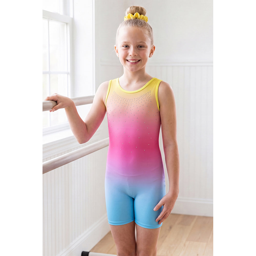 Charmo Girls Sleeveless Gymnastics Biketard Leotard with Rhinestone Detail, Stretch Athletic Unitard for Dance, Ballet, Tumbling and Training 5-12Years