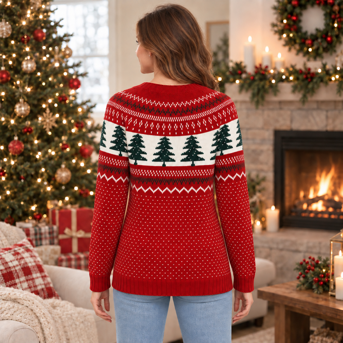 Attraco Women's Christmas Tree Fair Isle Sweater Long Sleeve Crewneck Knit Pullover Ugly Christmas Sweater Holiday Party Top