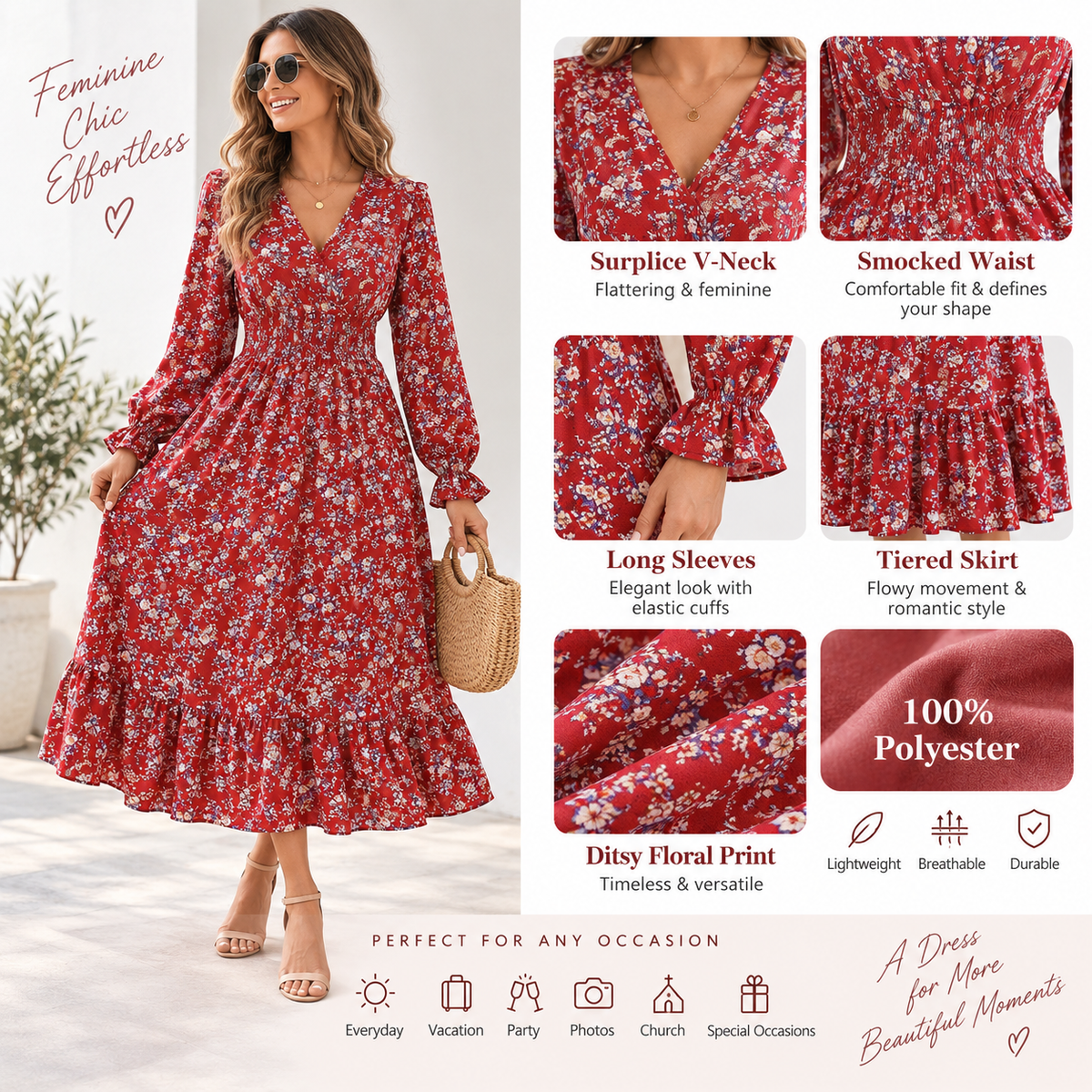 Attraco Women's Surplice V-Neck Smocked Long Sleeve Tiered Midi Dress Ditsy Floral Boho Dress