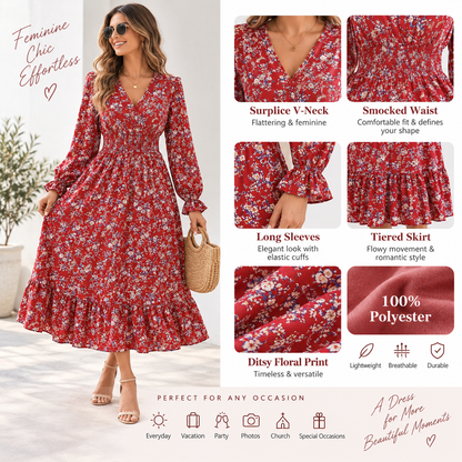 Attraco Women's Surplice V-Neck Smocked Long Sleeve Tiered Midi Dress Ditsy Floral Boho Dress