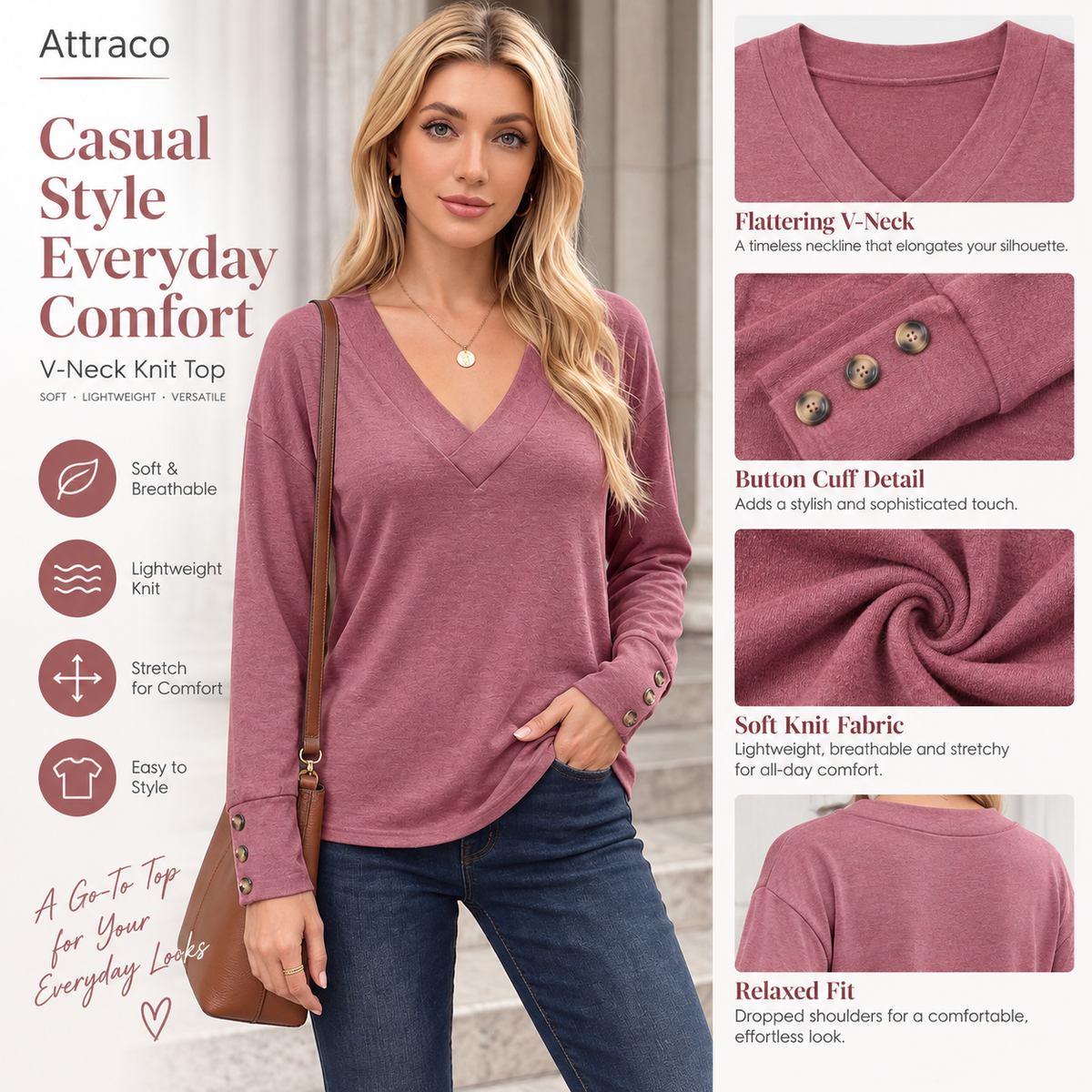 Attraco Women's Brushed V-Neck Lightweight Knit Sweater with Button Cuff Detail