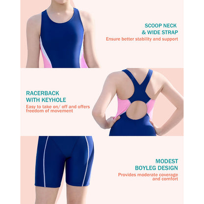 Charmo Girls Color Block Swimsuit Boyleg One Piece Athletic Bathing Suit Training Swimwear Size 7-16 Years
