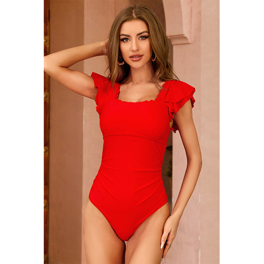 Charmo Women's Double Layer Ruffled Flutter-Sleeve Square-Neck Open-Back One-Piece Swimsuit