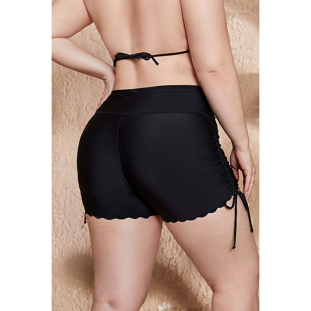 Charmo Women's Plus Size High Waisted Scalloped Hem Swim Shorts with Adjustable Side Drawstrings Swim Bottom
