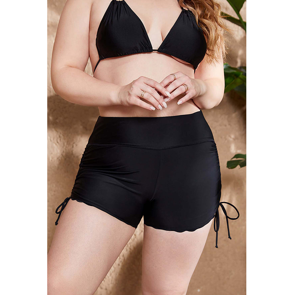 Charmo Women's Plus Size High Waisted Scalloped Hem Swim Shorts with Adjustable Side Drawstrings Swim Bottom