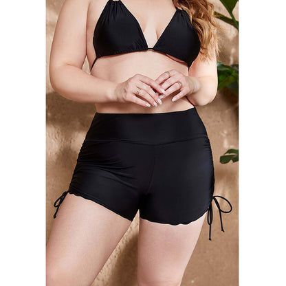 Charmo Women's Plus Size High Waisted Scalloped Hem Swim Shorts with Adjustable Side Drawstrings Swim Bottom