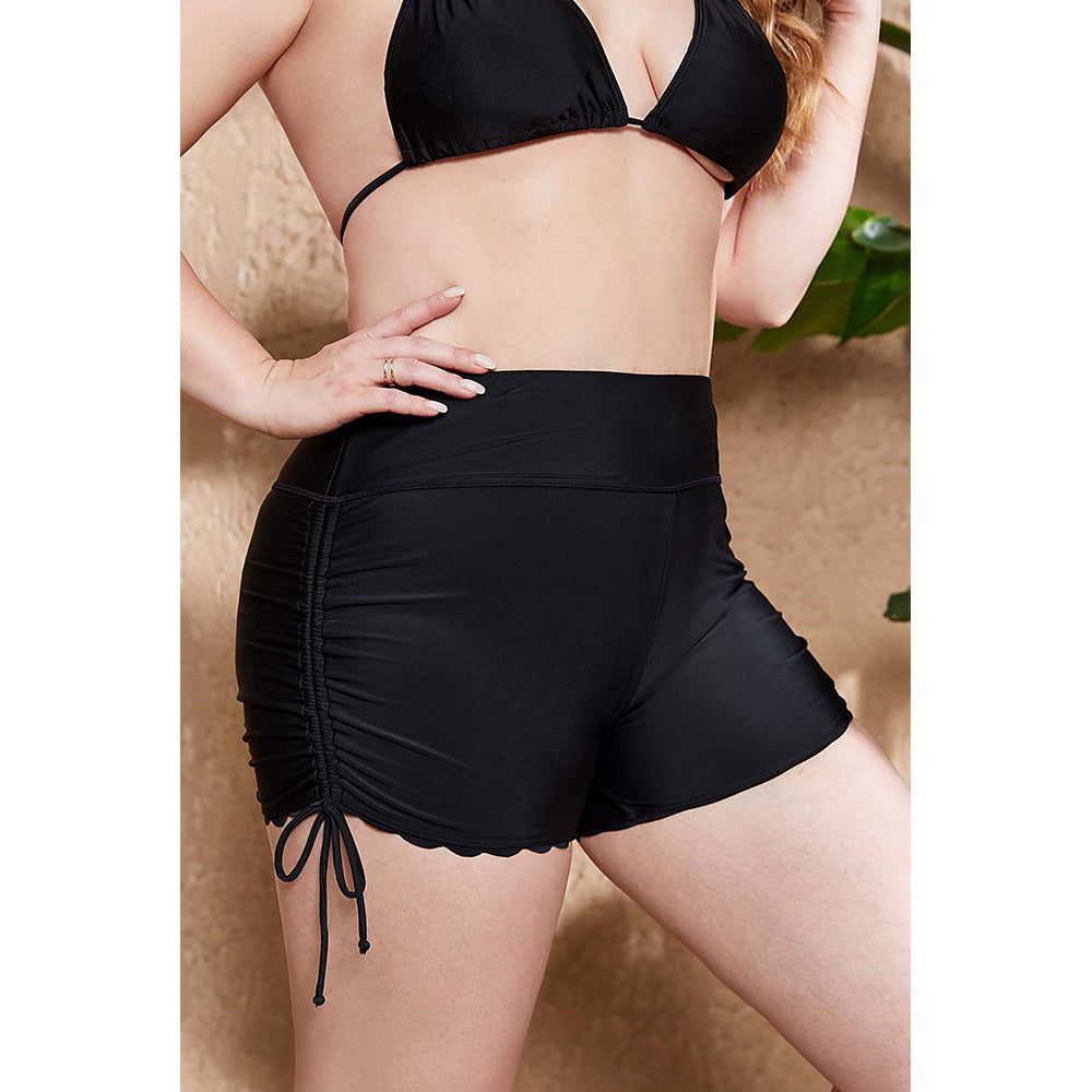 Charmo Women's Plus Size High Waisted Scalloped Hem Swim Shorts with Adjustable Side Drawstrings Swim Bottom
